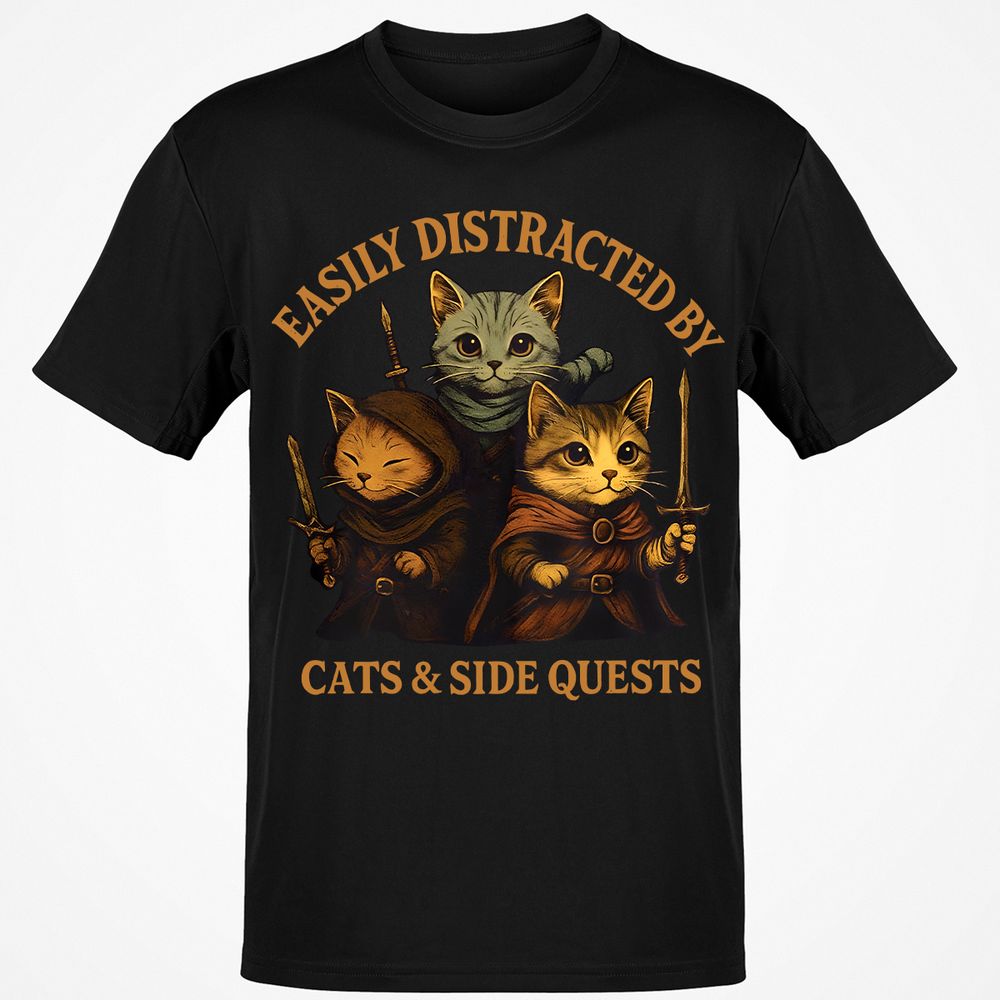 Easily Distracted By Cats & Side Quests Classic Unisex T-Shirt - Black - 1