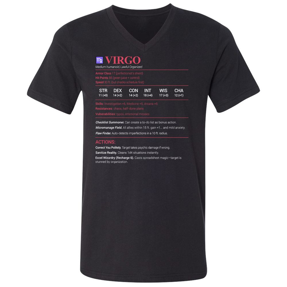 Virgo Stats Unisex V-Neck T-Shirt - Black - 1