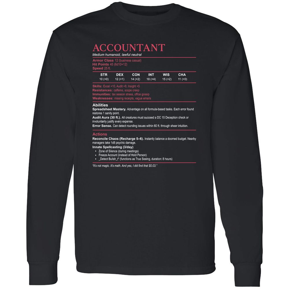 Accountant Stats Long Sleeve T-Shirt - Black - 1