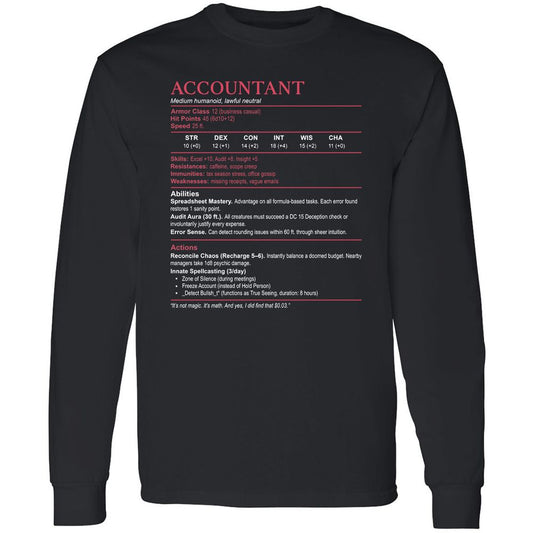 Accountant Stats Long Sleeve T-Shirt - Black - 1
