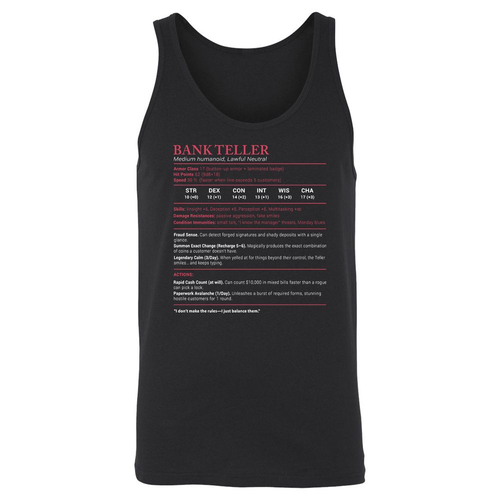 Bank Teller Stats Unisex Jersey Tank - Black - 1