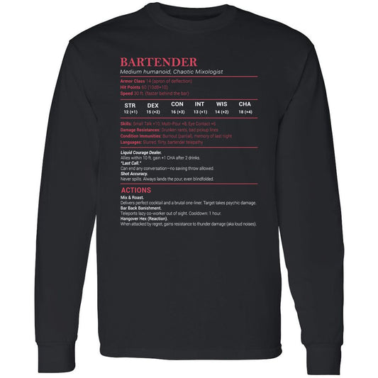 Bartender Stats Long Sleeve T-Shirt - Black - 1