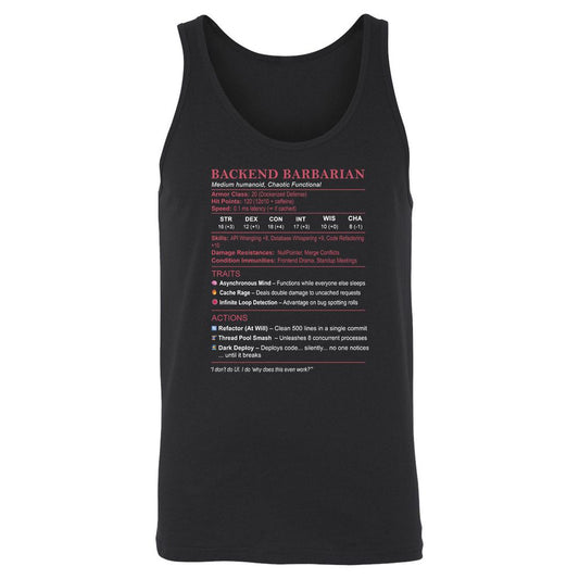 Backend Barbarian Stats Unisex Jersey Tank - Black - 1