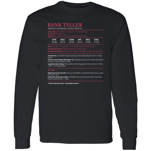 Bank Teller Stats Long Sleeve T-Shirt - Black - 1