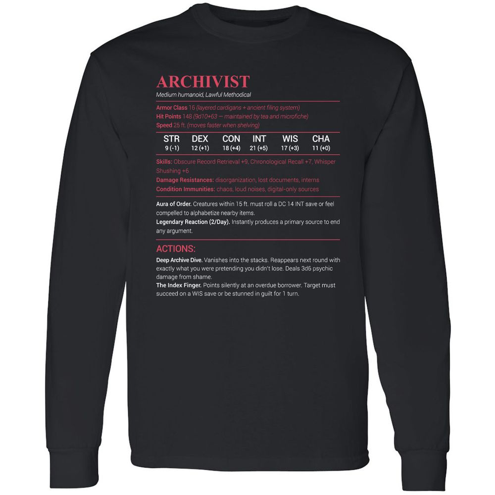 Archivist Stats Long Sleeve T-Shirt - Black - 1