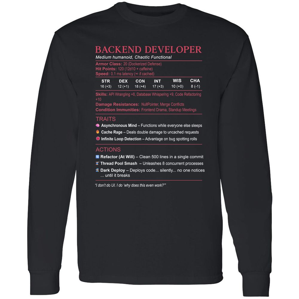 Backend Developer Stats Long Sleeve T-Shirt - Black - 1