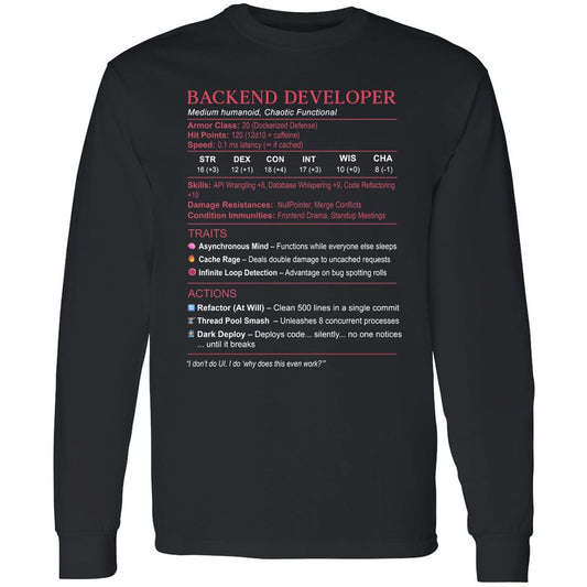 Backend Developer Stats Long Sleeve T-Shirt - Black - 1