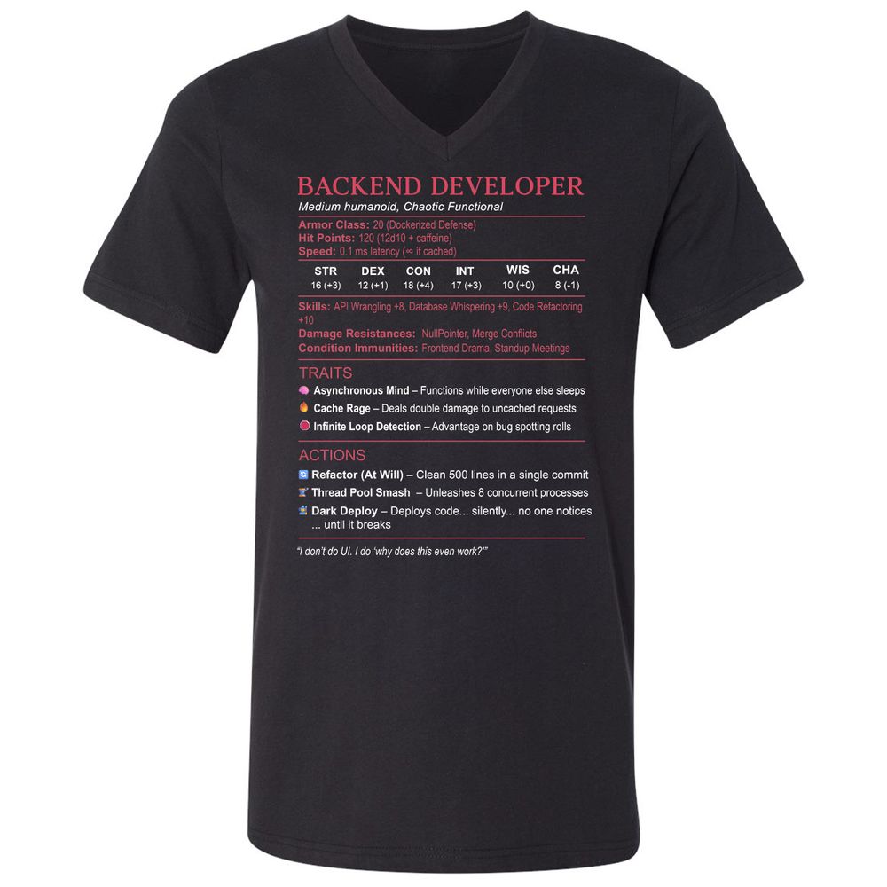 Backend Developer Stats Unisex V-Neck T-Shirt - Black - 1