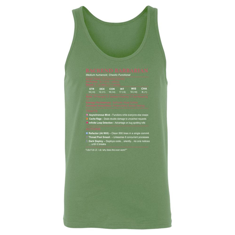 Backend Barbarian Stats Unisex Jersey Tank - Leaf - 10