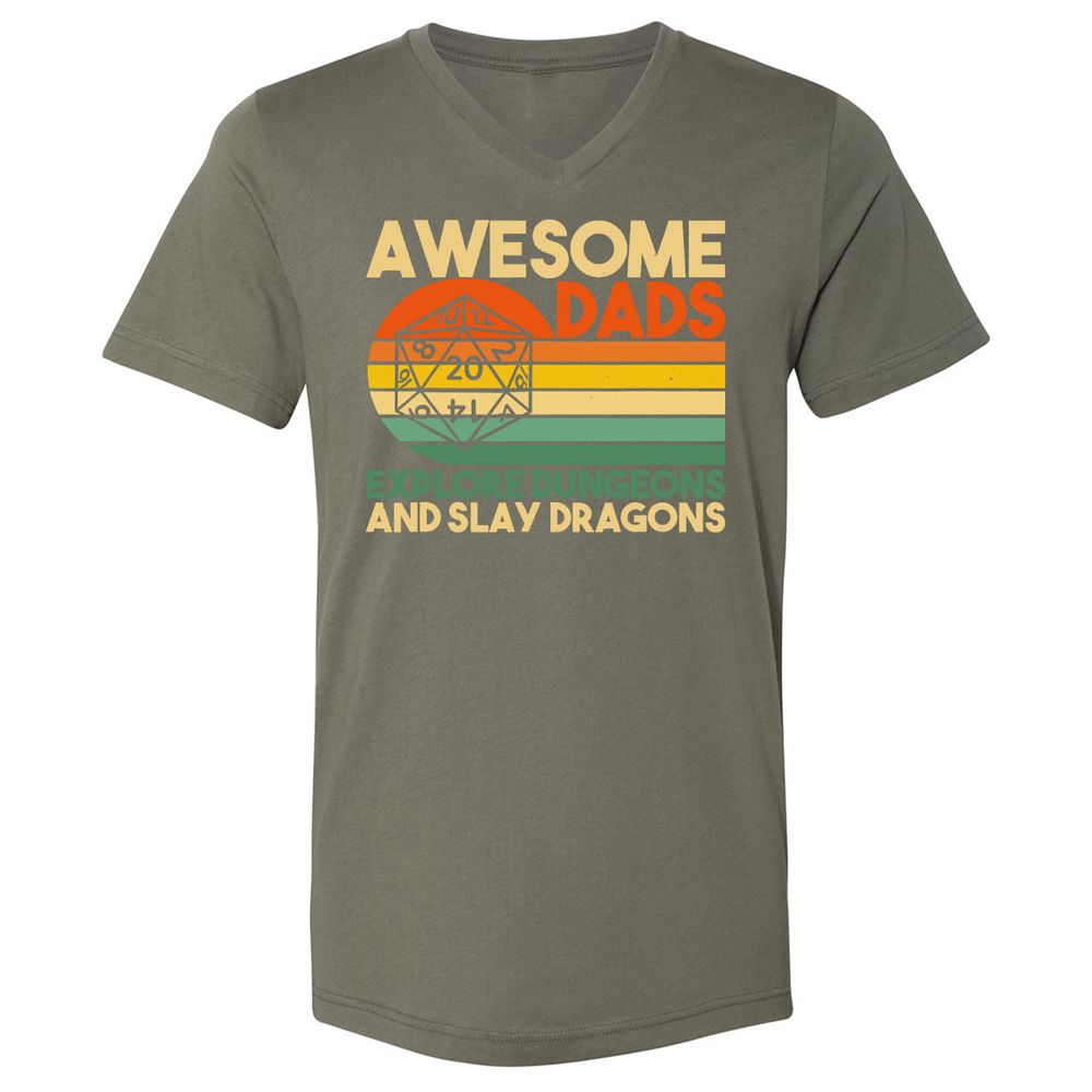Awesome Dad Explore Dungeons Slay Dragons Unisex V-Neck T-Shirt - Military Green - 10