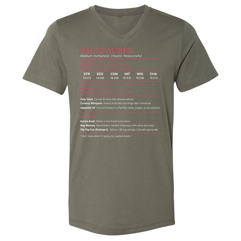 Backpacker Stats Unisex V-Neck T-Shirt - Military Green - 10