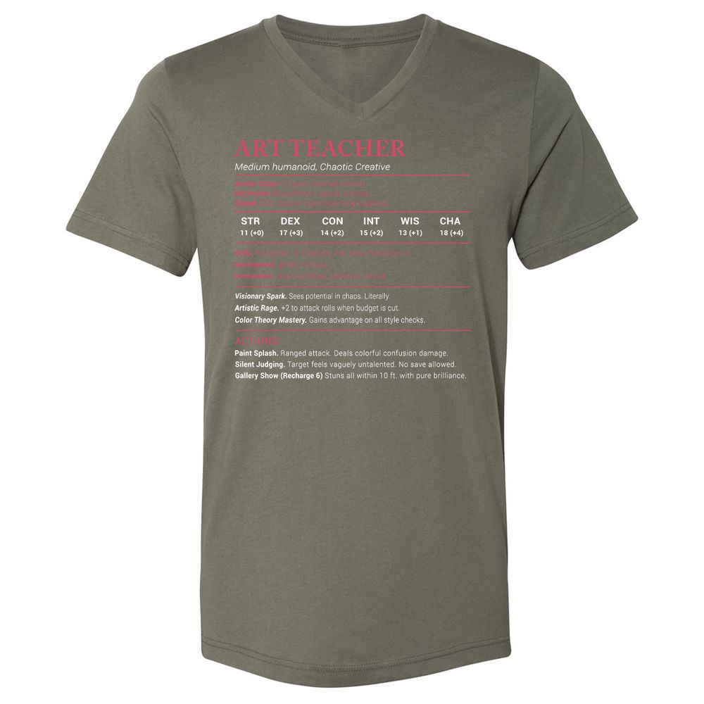 Art Teacher Stats Unisex V-Neck T-Shirt - Military Green - 10