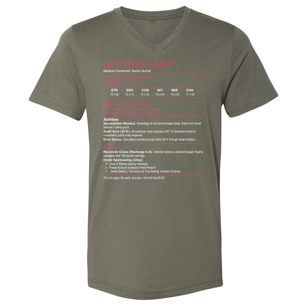 Accountant Stats Unisex V-Neck T-Shirt - Military Green - 10