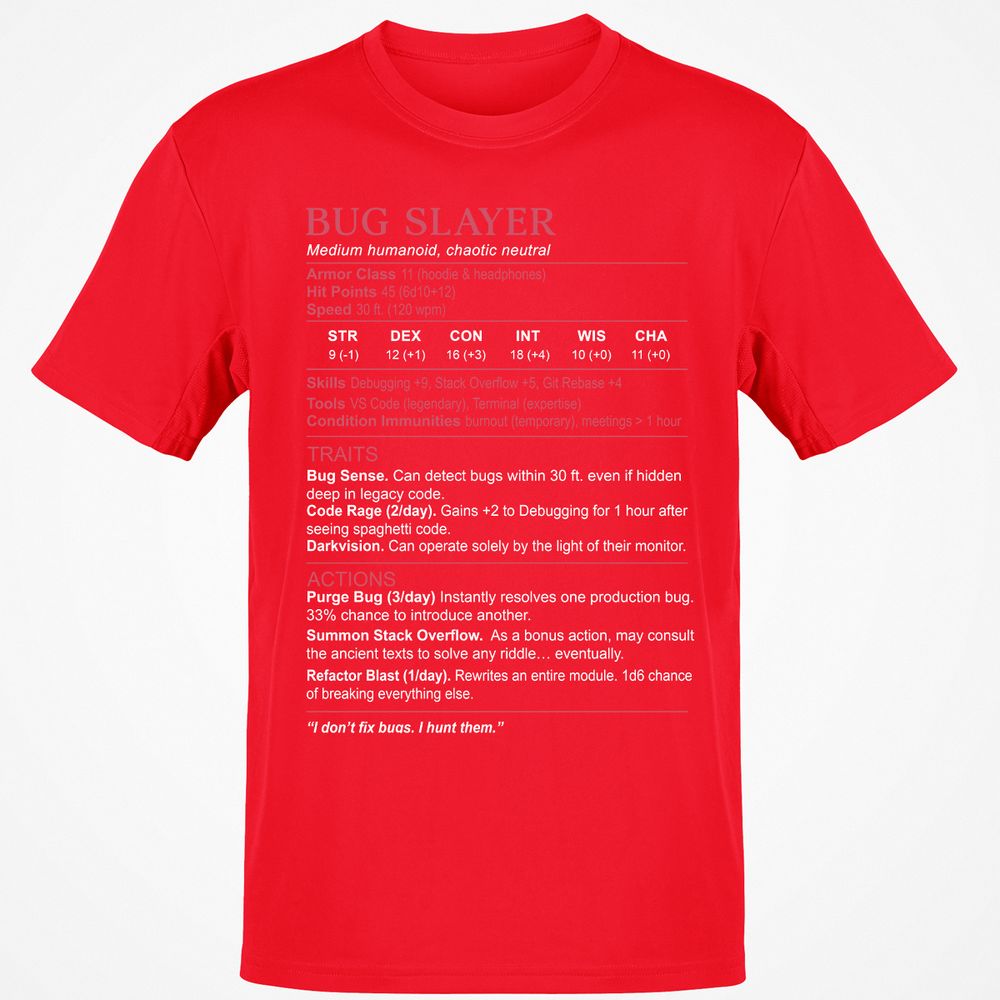 Software Engineer Stats (Bug Slayer) Classic Unisex T-Shirt - Red - 10