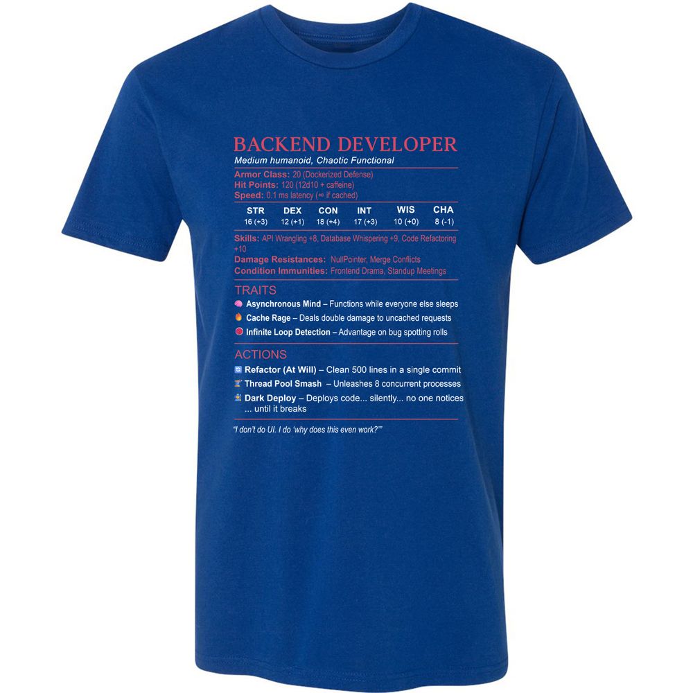 Backend Developer Stats Premium Unisex T-Shirt - Royal - 10