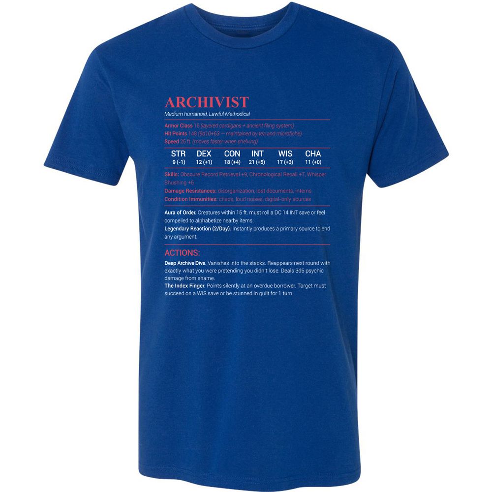Archivist Stats Premium Unisex T-Shirt - Royal - 10