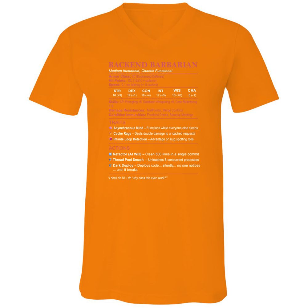 Backend Barbarian Stats Unisex V-Neck T-Shirt - Orange - 11