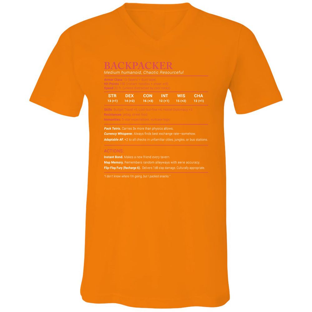 Backpacker Stats Unisex V-Neck T-Shirt - Orange - 11