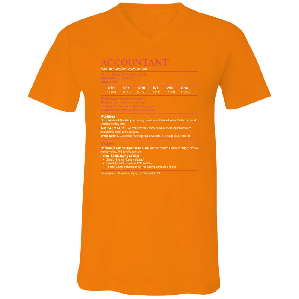 Accountant Stats Unisex V-Neck T-Shirt - Orange - 11
