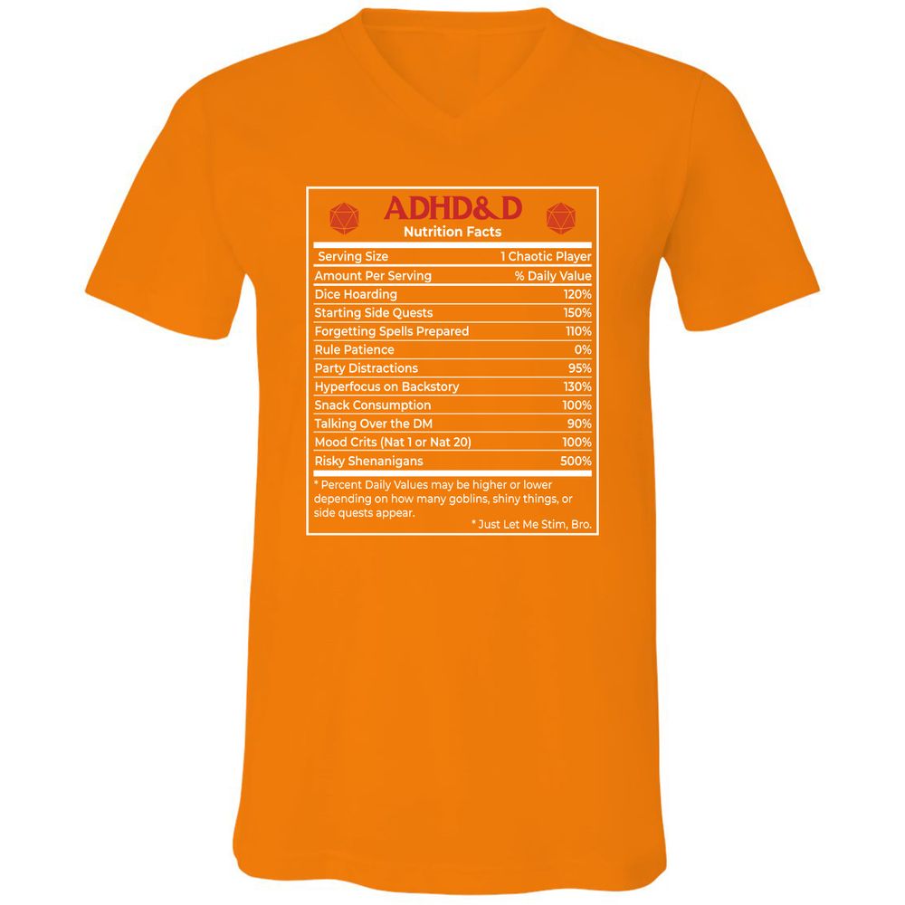 ADHD&D Nutrition Facts Unisex V-Neck T-Shirt - Orange - 11