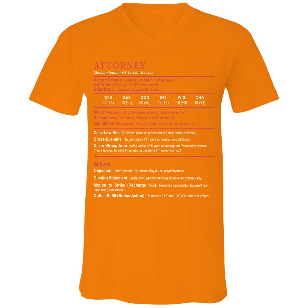 Attorney Unisex V-Neck T-Shirt - Orange - 11