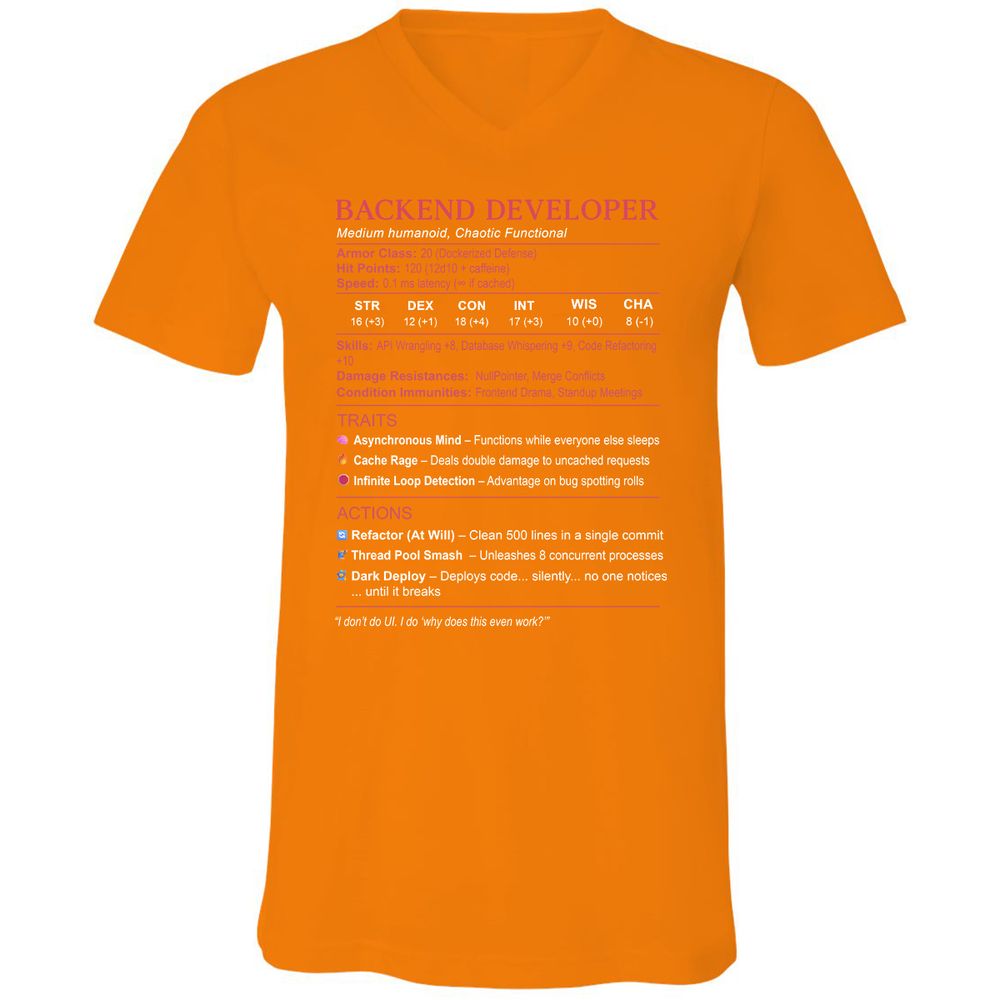 Backend Developer Stats Unisex V-Neck T-Shirt - Orange - 11