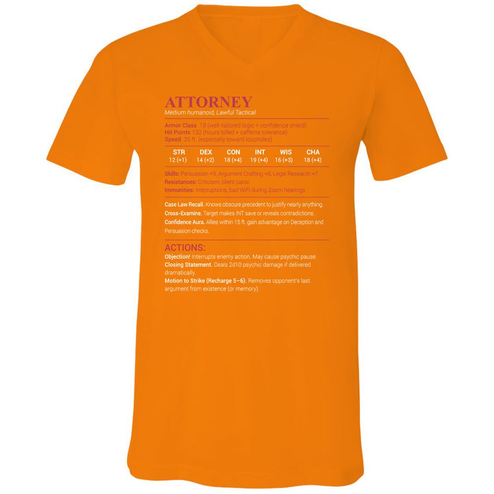 Attorney Stats Unisex V-Neck T-Shirt - Orange - 11