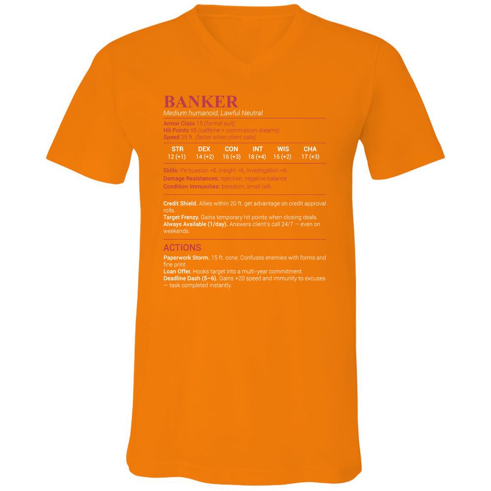 Banker Stats Unisex V-Neck T-Shirt - Orange - 11