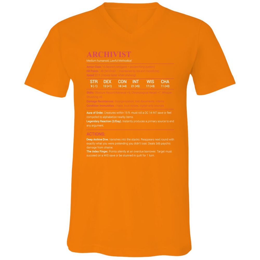 Archivist Stats Unisex V-Neck T-Shirt - Orange - 11