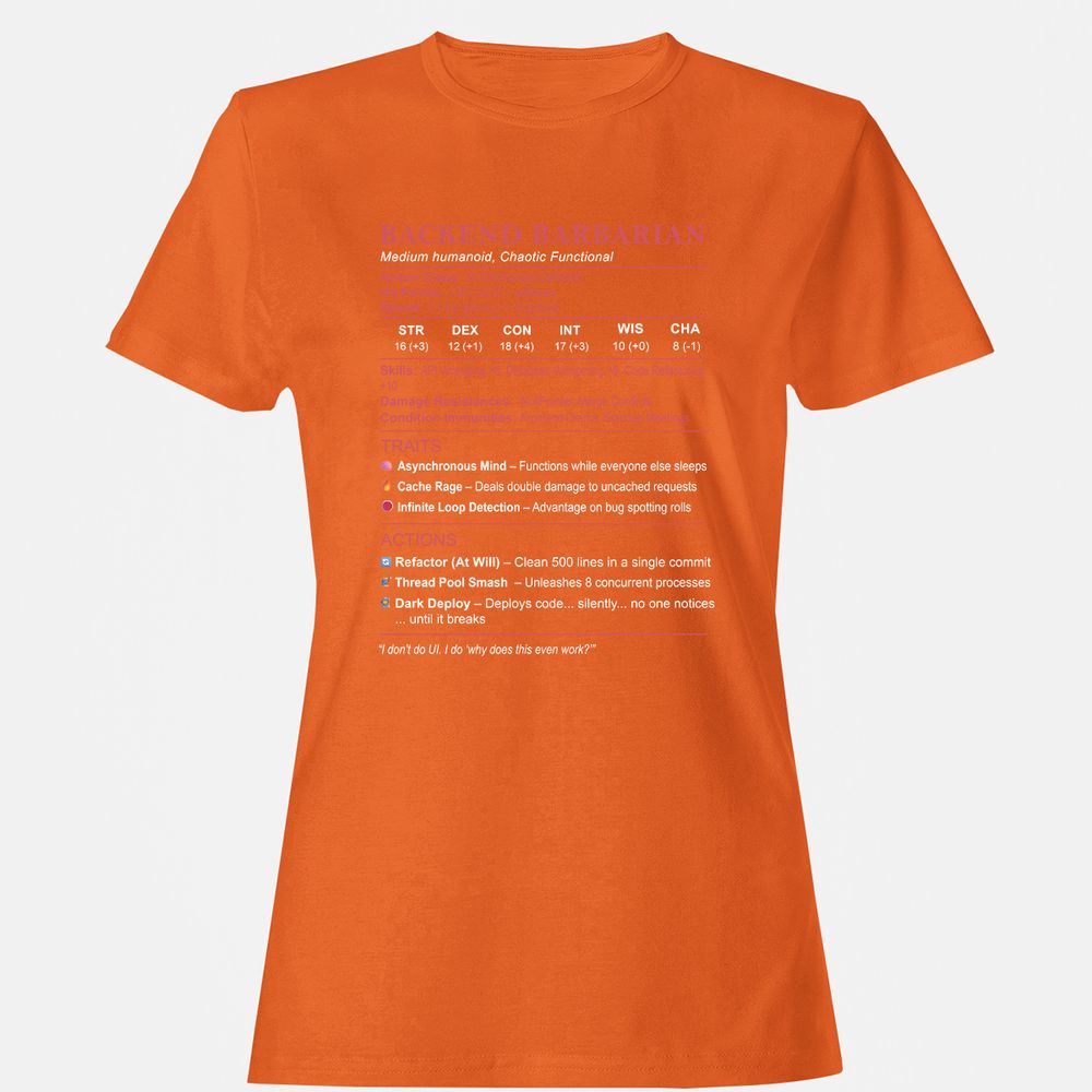 Backend Barbarian Stats Women's T-Shirt - Orange - 11