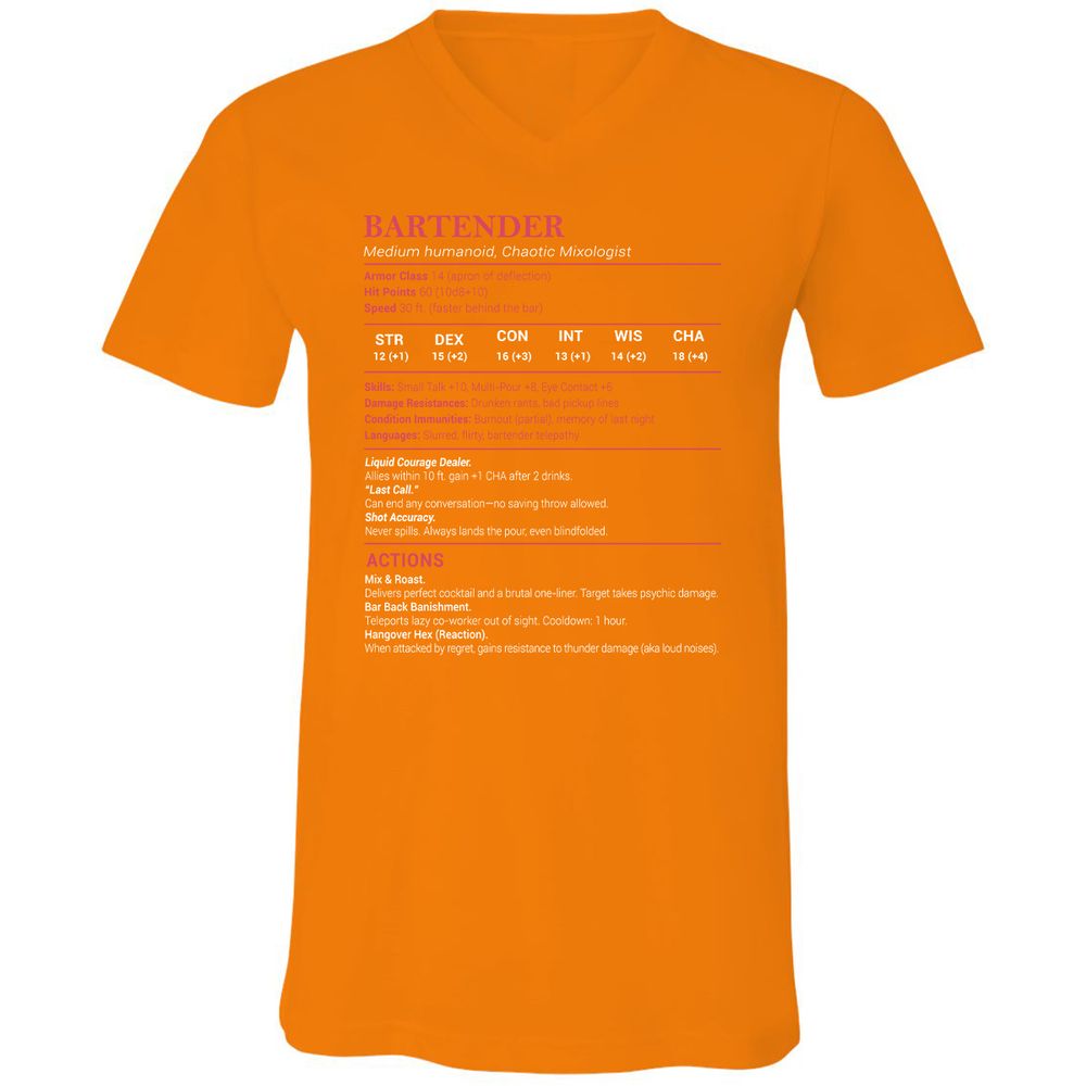 Bartender Stats Unisex V-Neck T-Shirt - Orange - 11