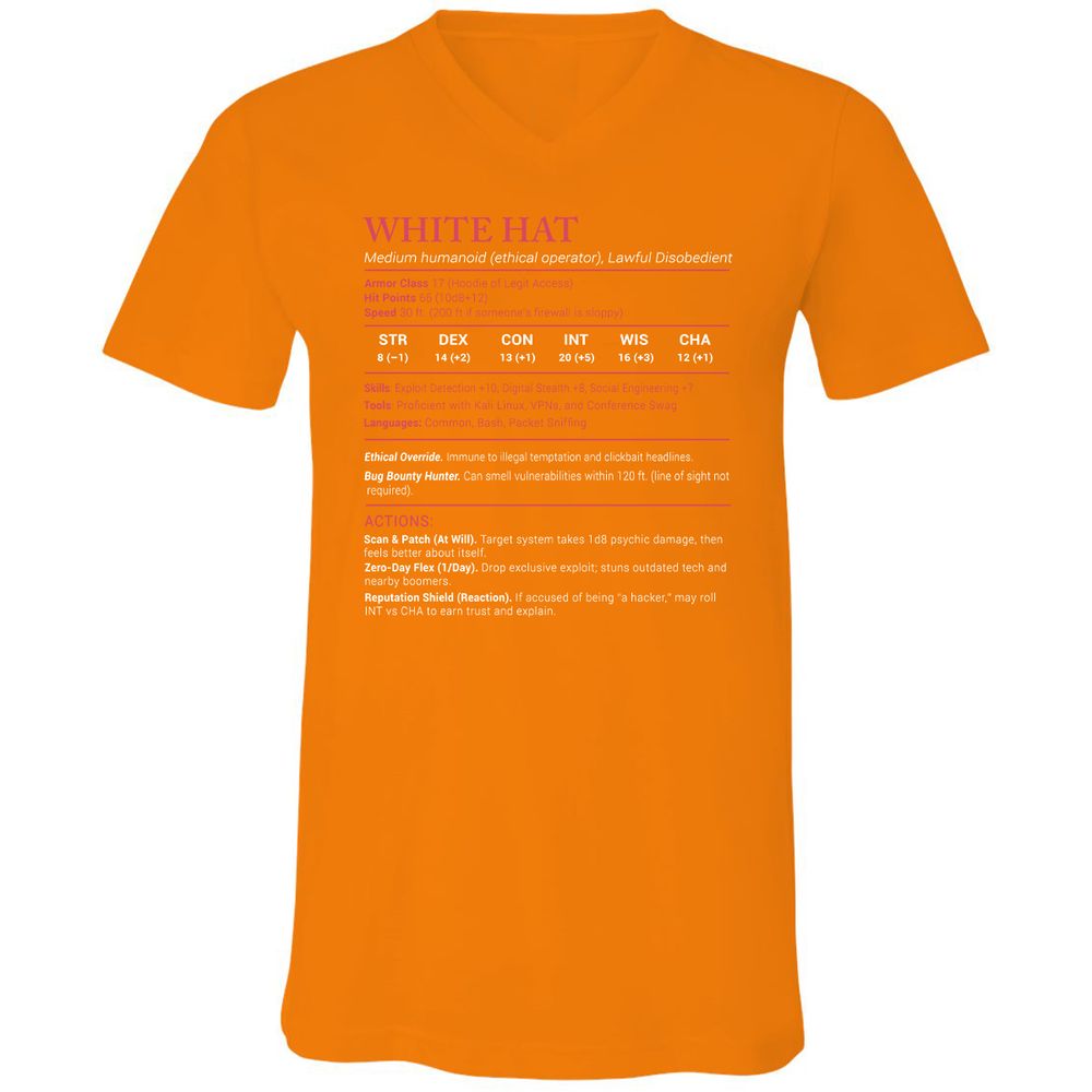 White Hat Stats Unisex V-Neck T-Shirt - Orange - 11