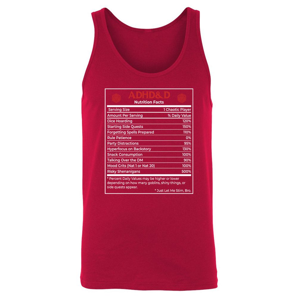 ADHD&D Nutrition Facts Unisex Jersey Tank - Red - 11