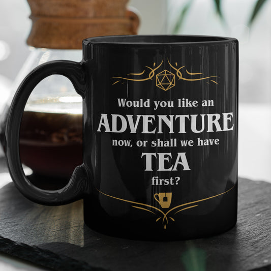 Adventure or Tea Black Ceramic Mug