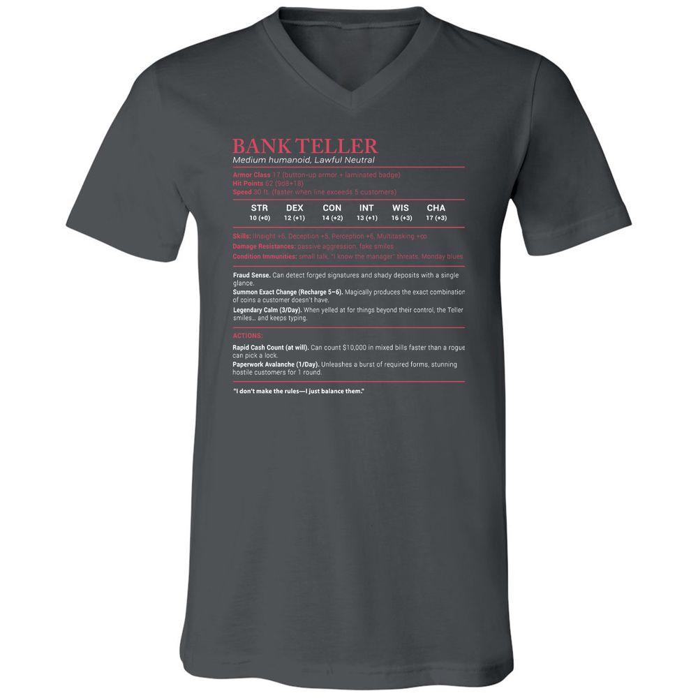 Bank Teller Stats Unisex V-Neck T-Shirt - Asphalt - 12