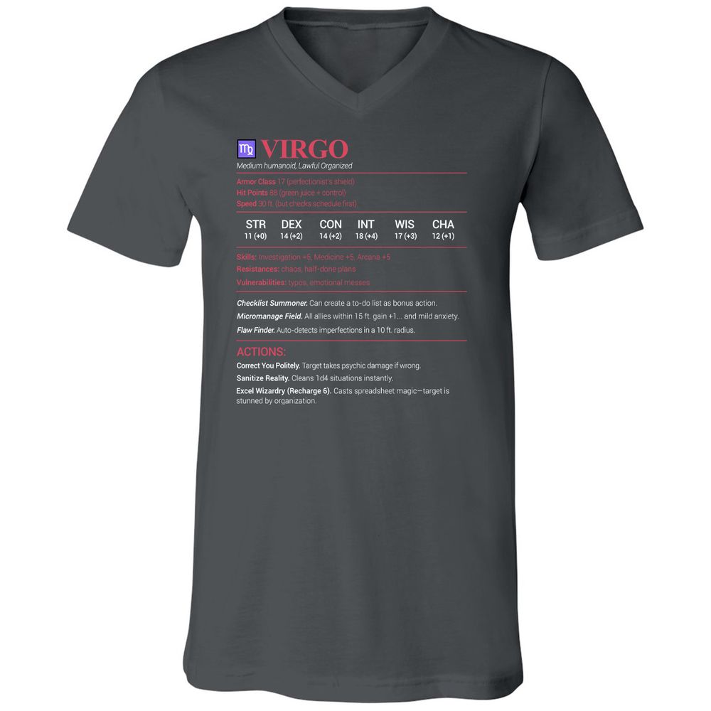 Virgo Stats Unisex V-Neck T-Shirt - Asphalt - 12