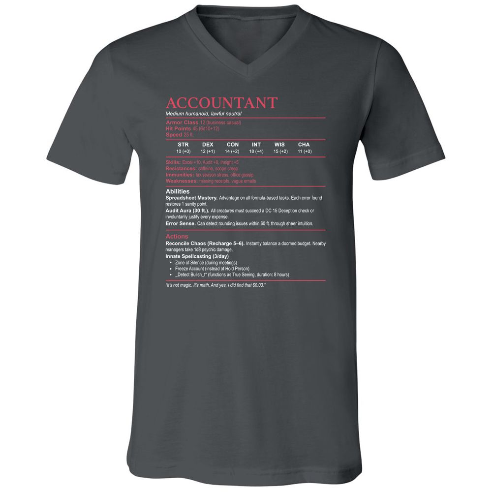 Accountant Stats Unisex V-Neck T-Shirt - Asphalt - 12