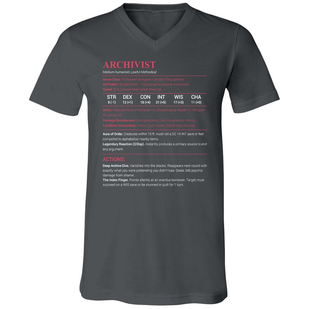 Archivist Stats Unisex V-Neck T-Shirt - Asphalt - 12