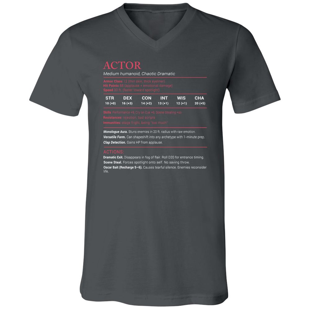 Actor Stats Unisex V-Neck T-Shirt - Asphalt - 12