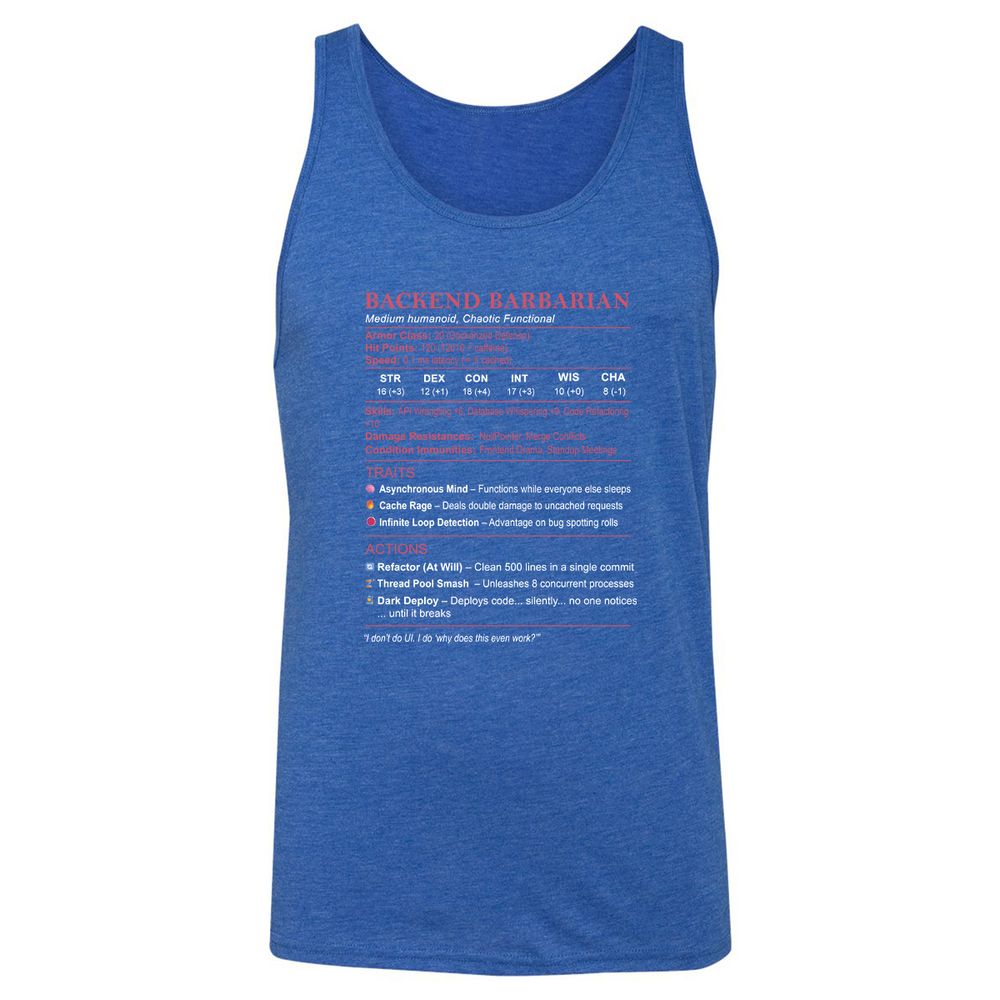 Backend Barbarian Stats Unisex Jersey Tank - True Royal Triblend - 12