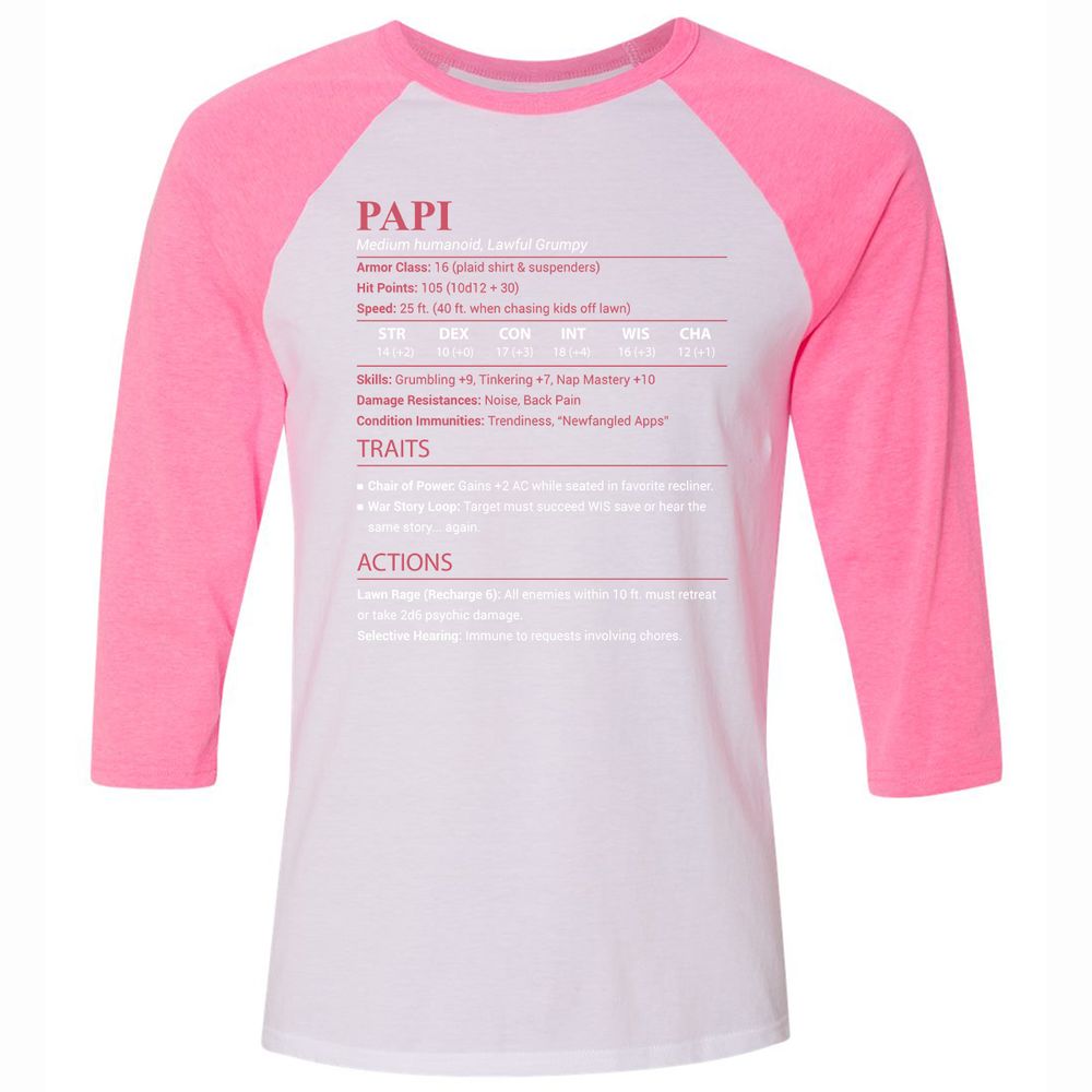 Papi Stats Unisex 3/4 Baseball Tee - White/Neon Pink - 12