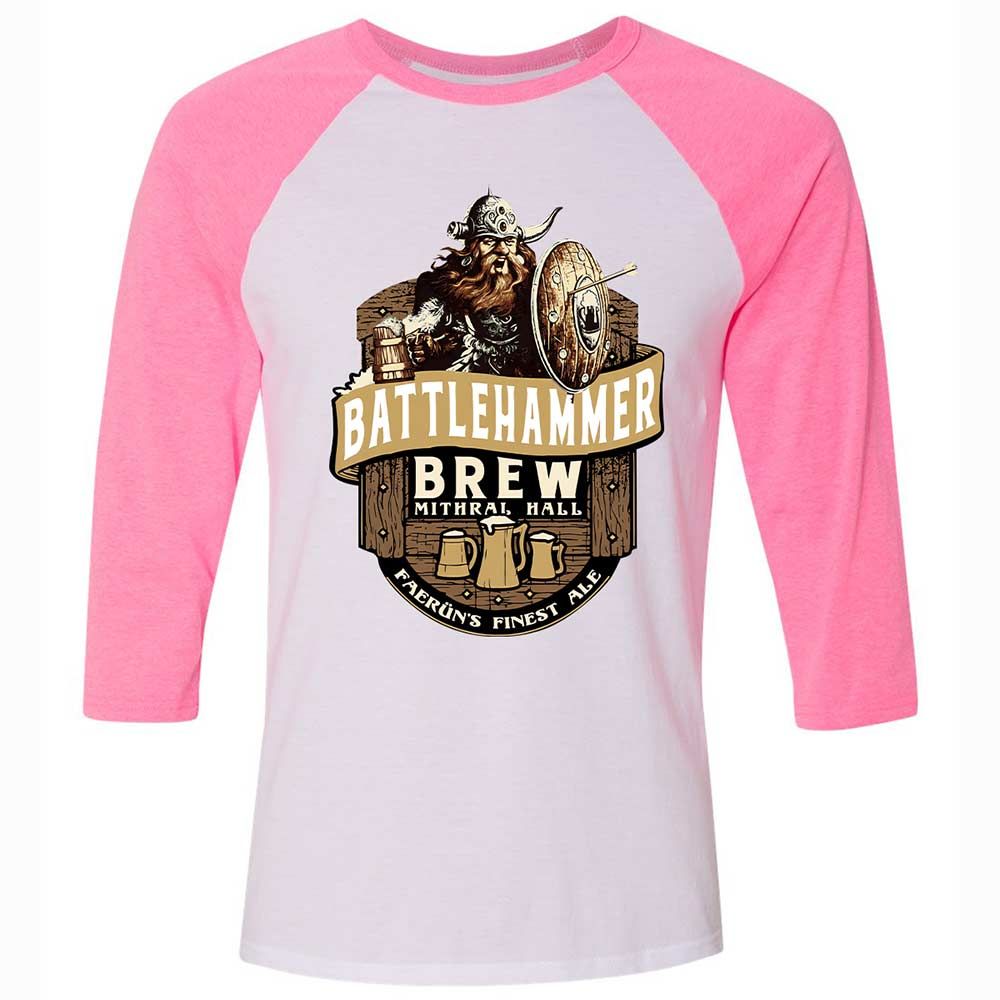 Battlehammer Brew Unisex 3/4 Baseball Tee - White/Neon Pink - 12