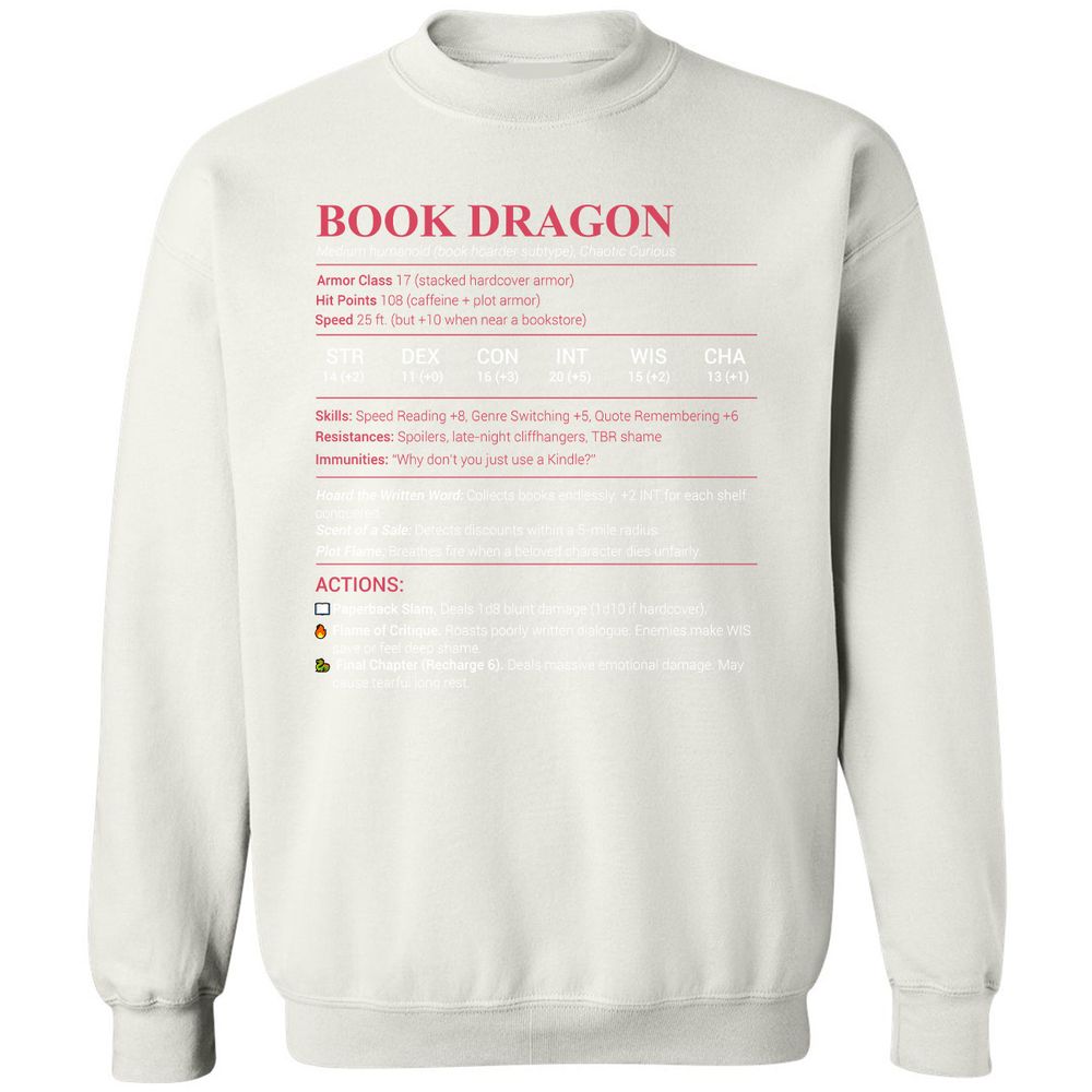 Book Dragon Stats Classic Unisex Sweatshirt - White - 12