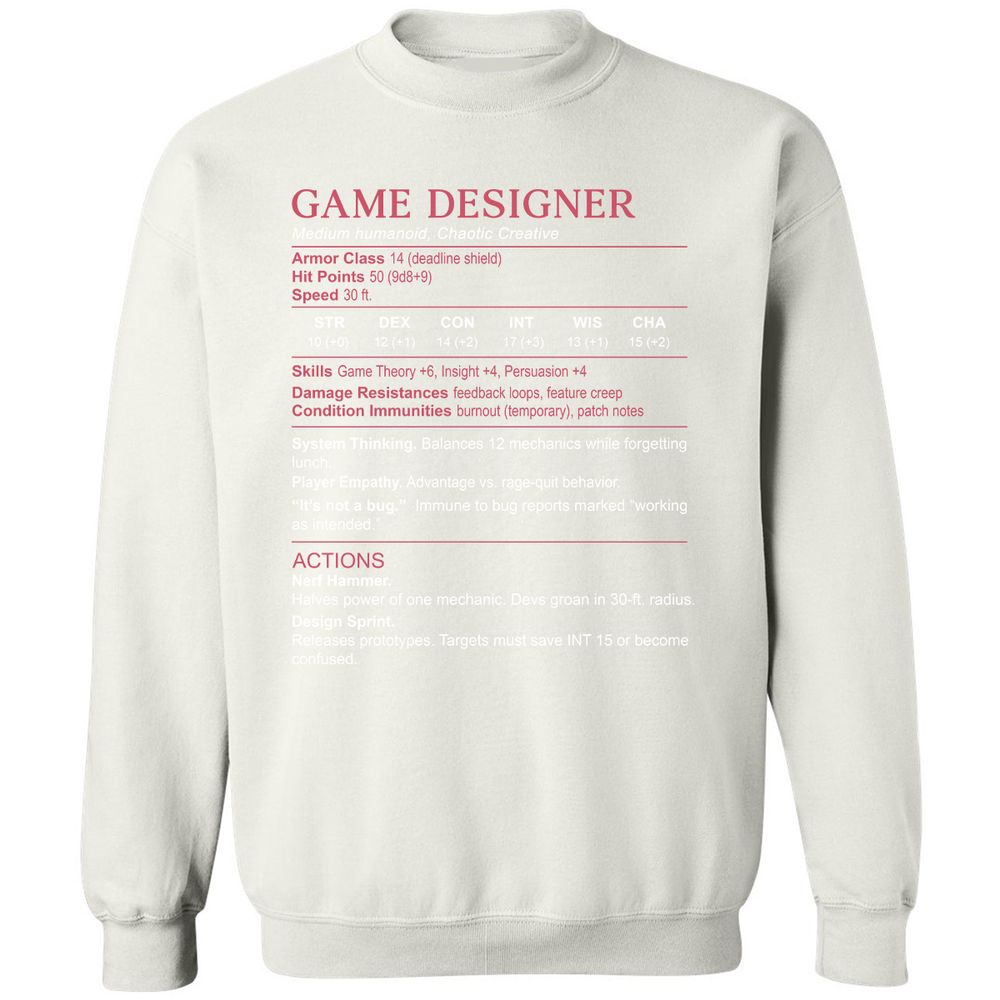 Game Designer Stats Classic Unisex Sweatshirt - White - 12