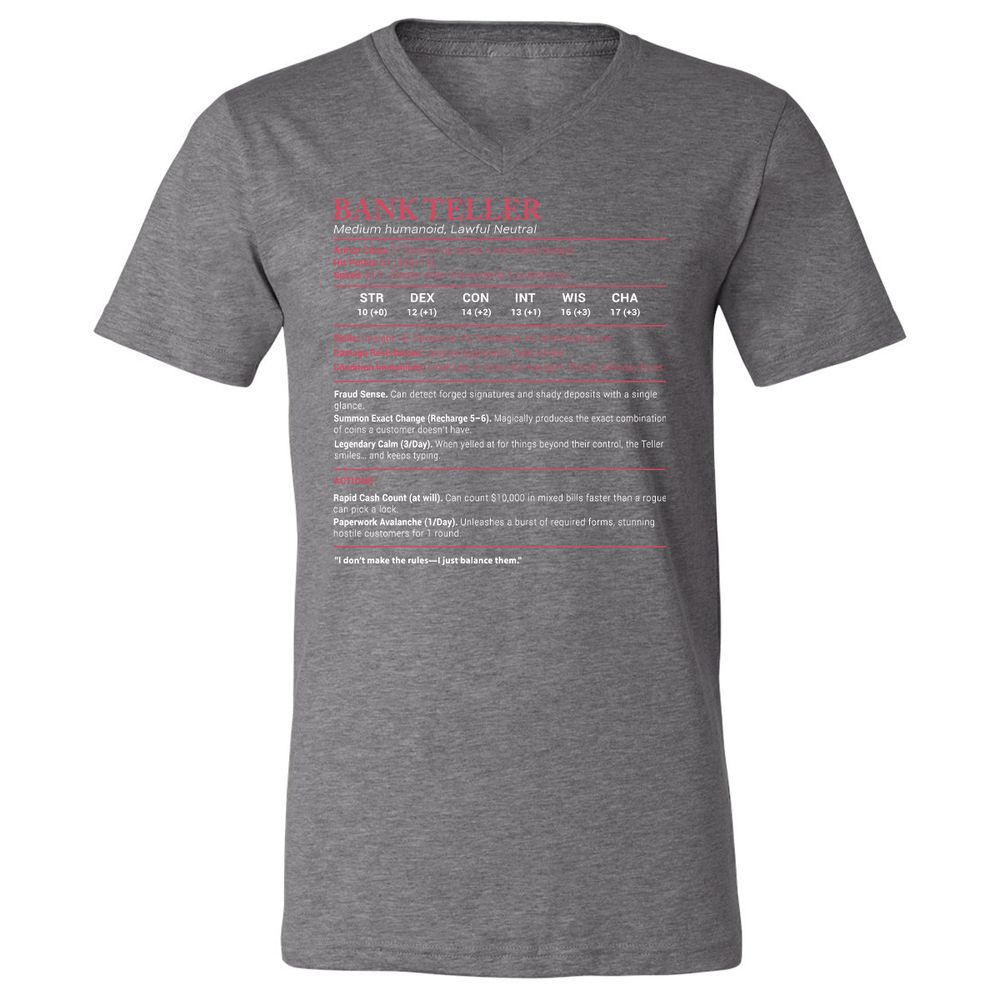 Bank Teller Stats Unisex V-Neck T-Shirt - Deep Heather - 13