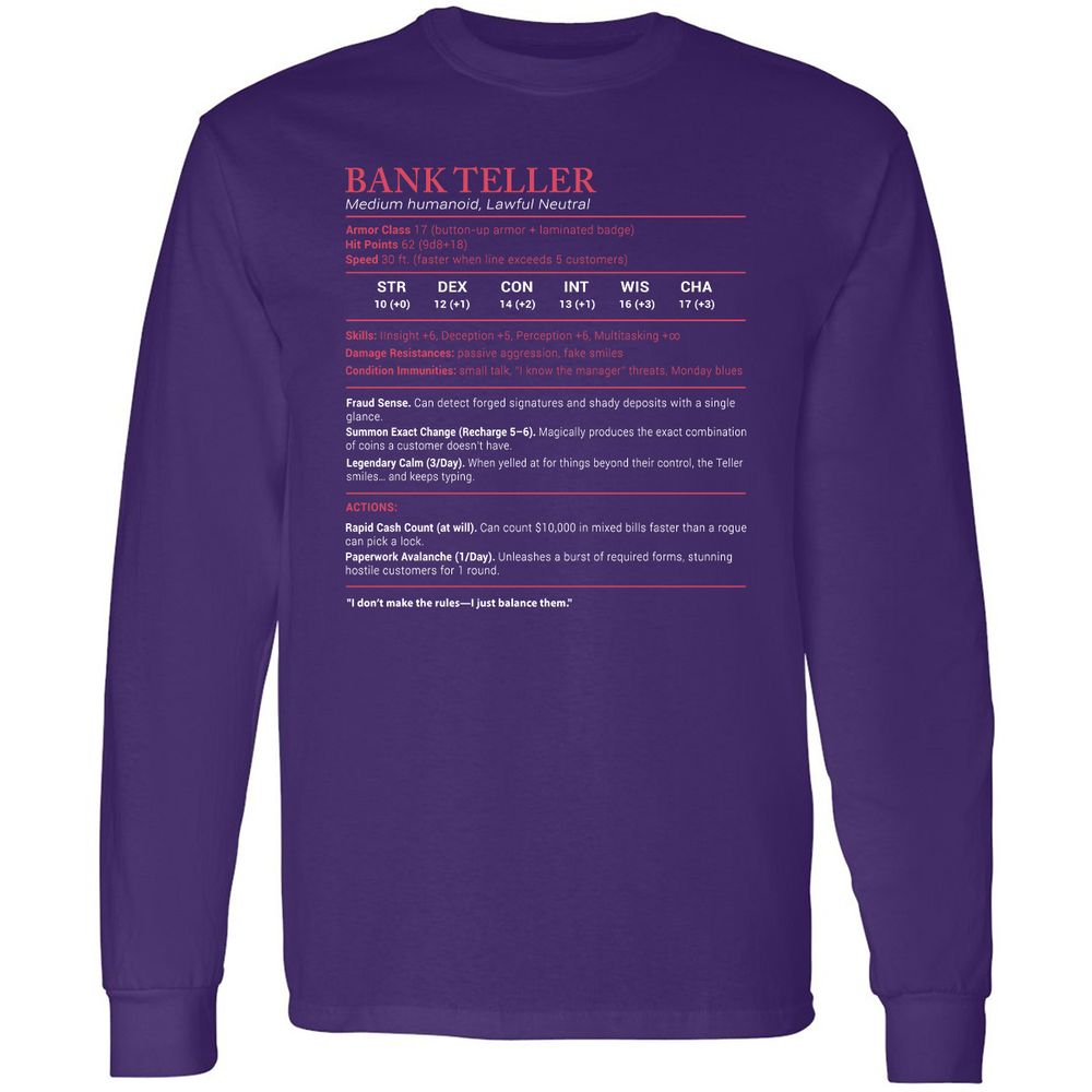 Bank Teller Stats Long Sleeve T-Shirt - Purple - 13