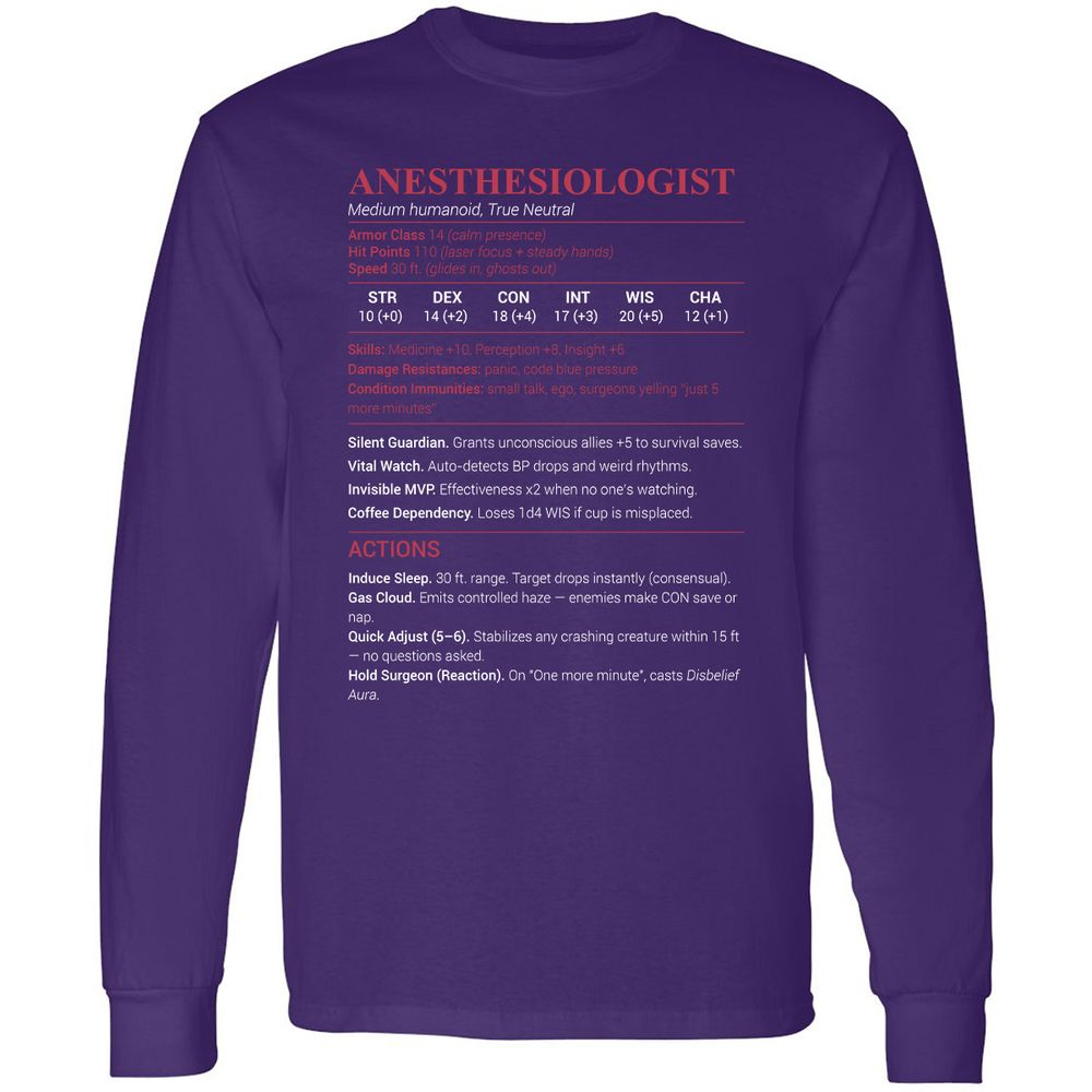 Anesthesiologist Stats Long Sleeve T-Shirt - Purple - 13