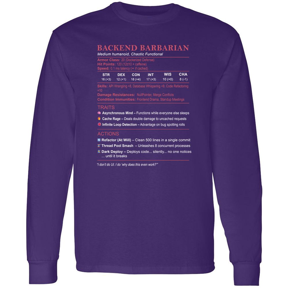 Backend Barbarian Stats Long Sleeve T-Shirt - Purple - 13