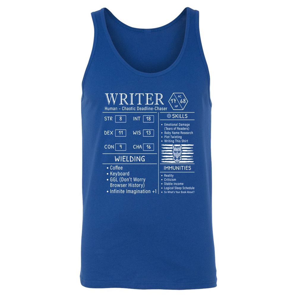 Writer Stats New Unisex Jersey Tank - True Royal - 13