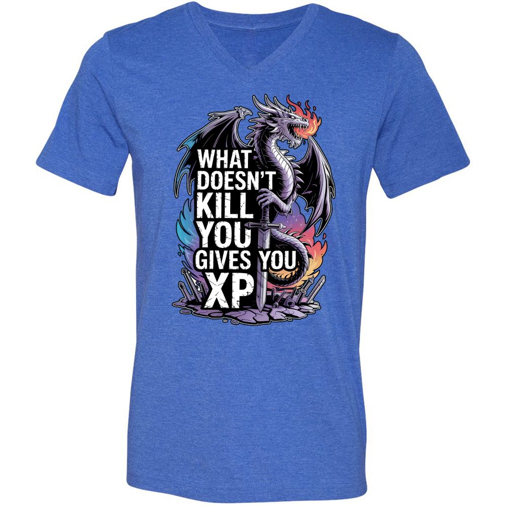 What Doesn't Kill You Dragon Unisex V-Neck T-Shirt - Heather True Royal - 14